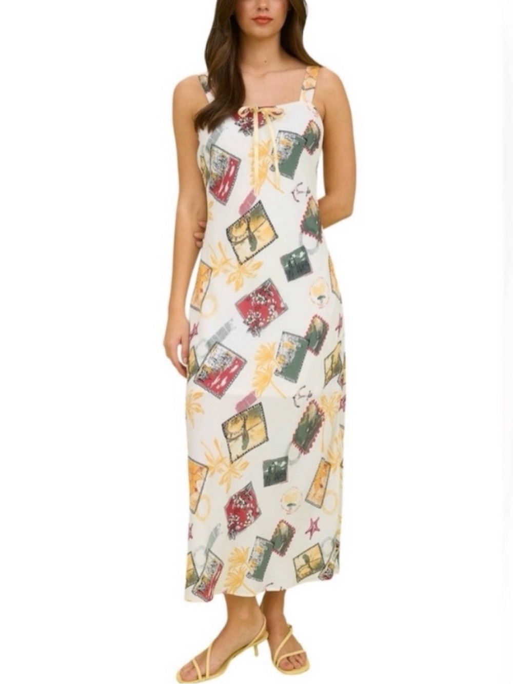The Workshop Letters from Afar Vacation Postcard Print Midi Slip Dress NWT